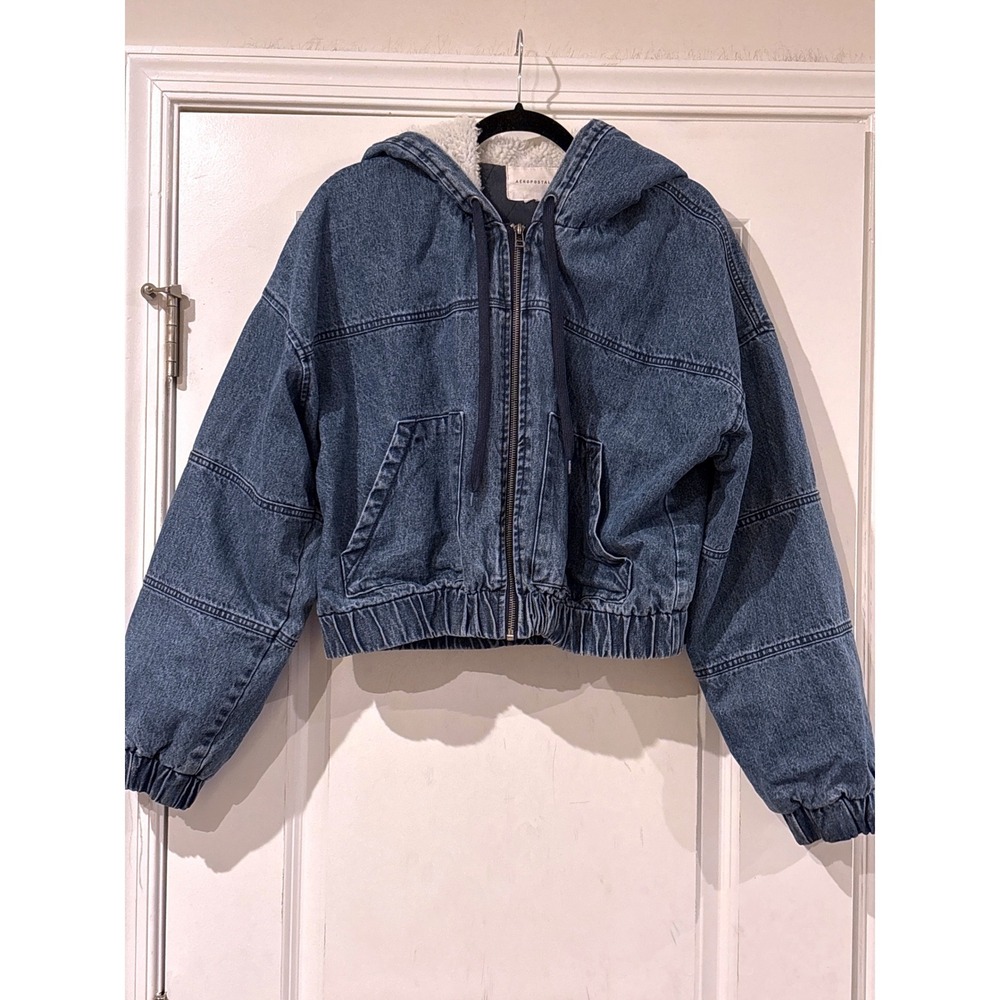 Aeropostale Blue Denim Cropped‎ Sherpa Hooded Jacket Women's XL - Picture 5 of 11
